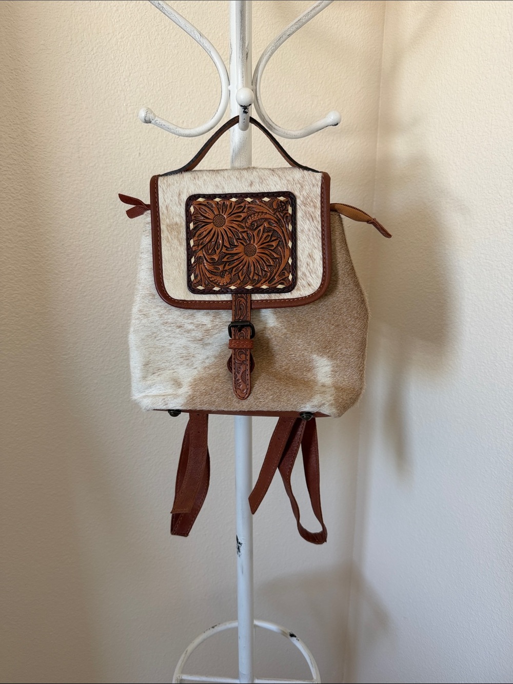 American darling  Leather-Trim White & Brown Floral Tooled  cowhide Backpack